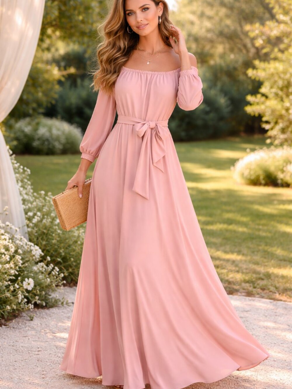 Danielle Emon Blush Pink Off-the-Shoulder Maxi Dress - Size S